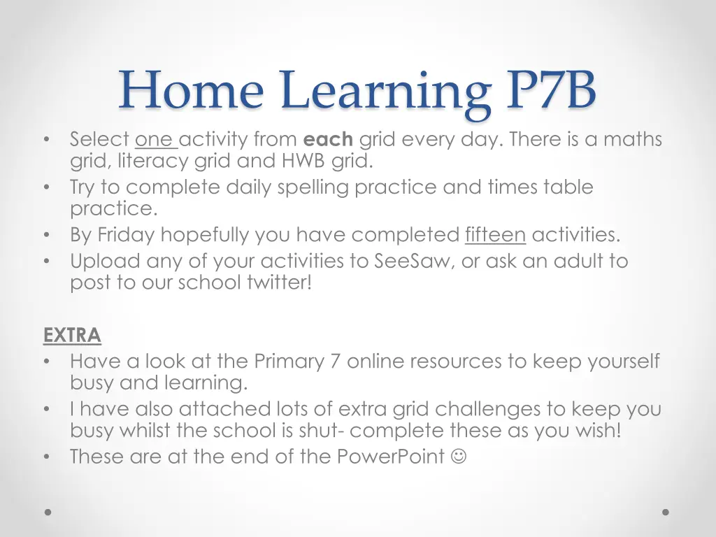 home learning p7b select one activity from each