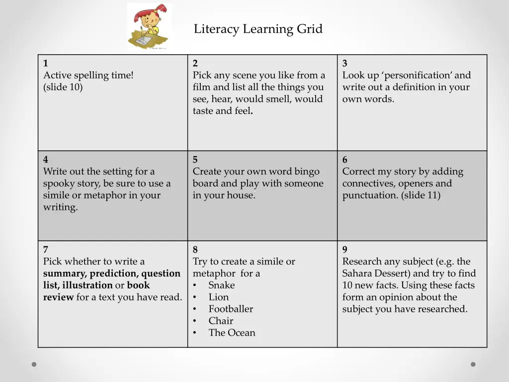 literacy learning grid