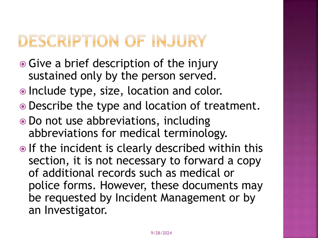 description of injury