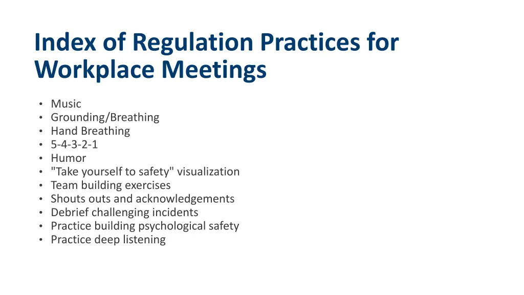 index of regulation practices for workplace