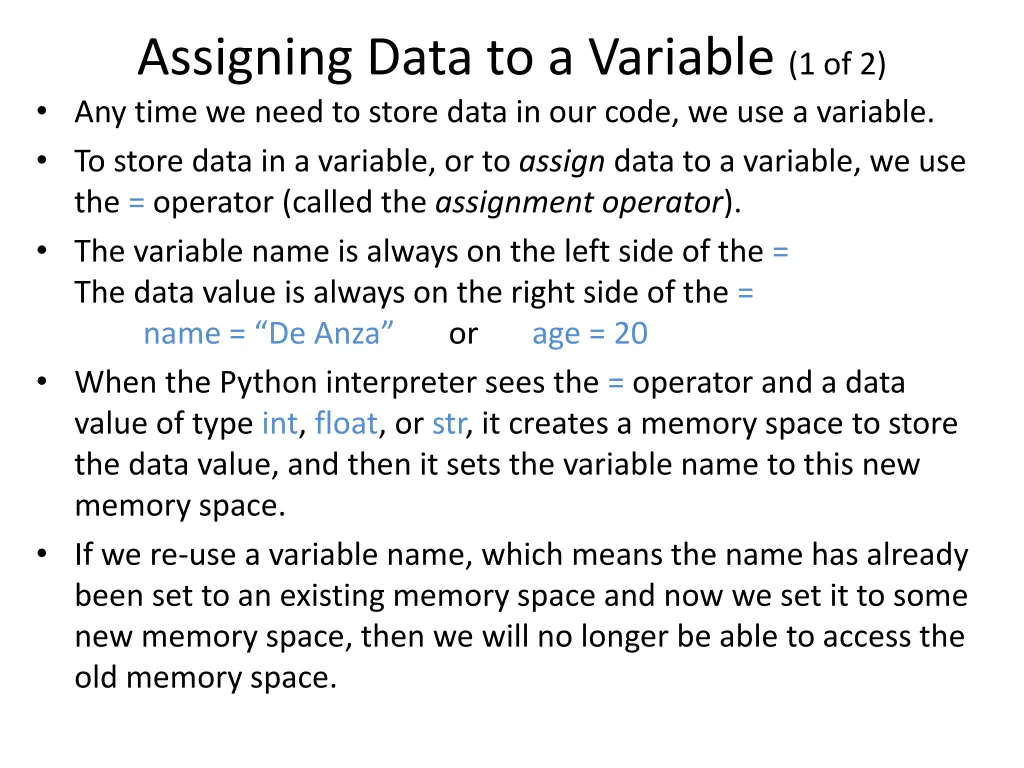 assigning data to a variable 1 of 2 any time