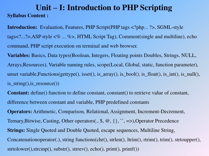 unit i introduction to php scripting syllabus