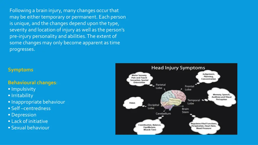 following a brain injury many changes occur that