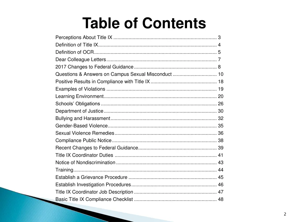 table of contents