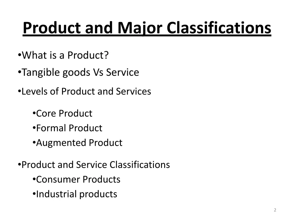 product and major classifications