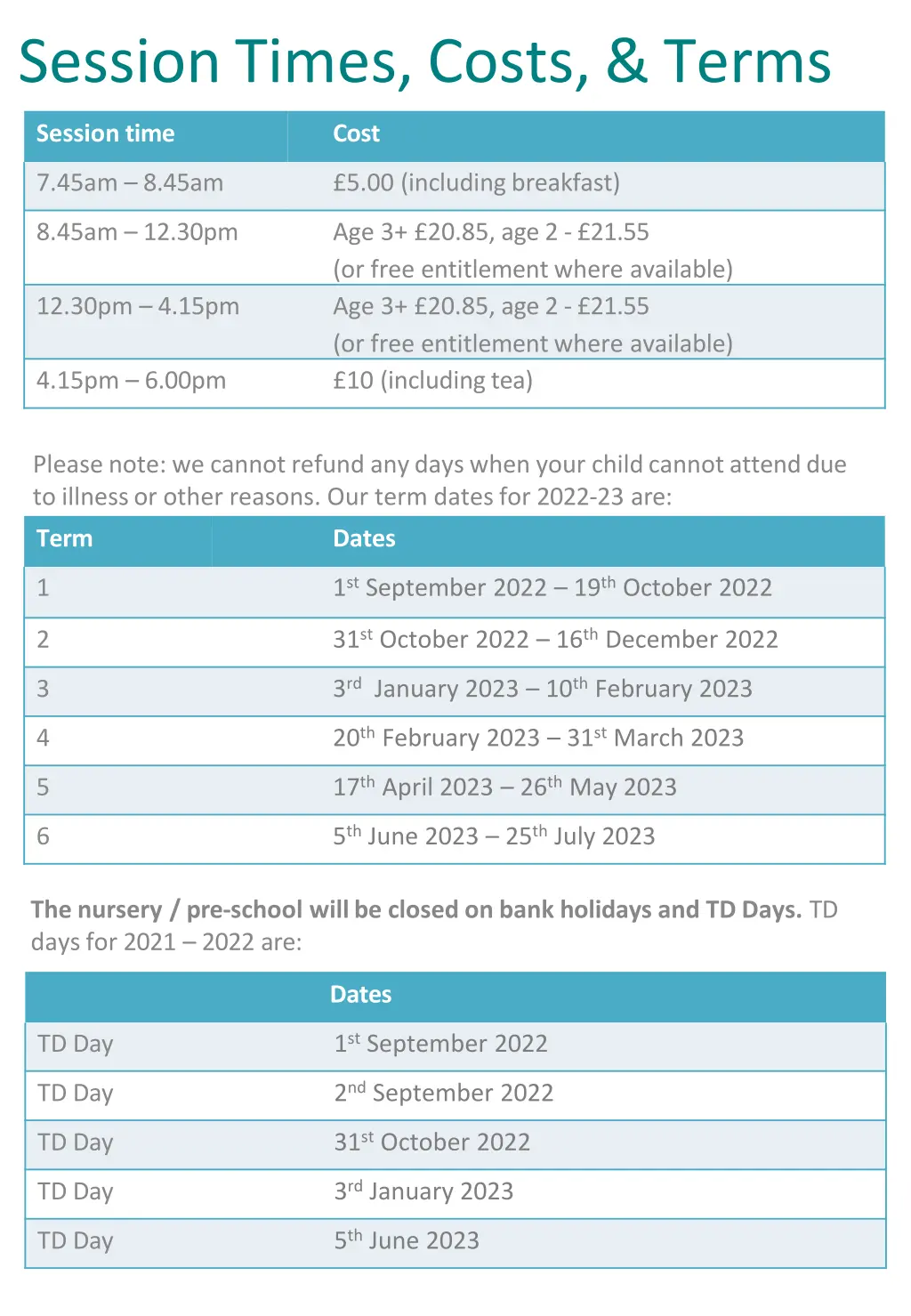 session times costs terms