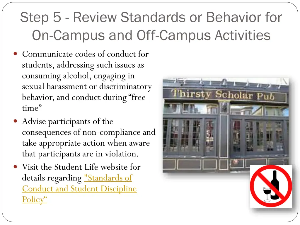 step 5 review standards or behavior for on campus