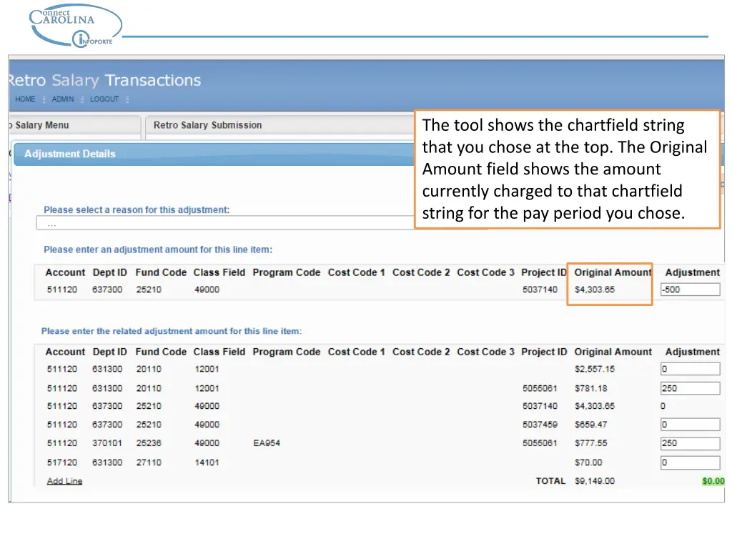 the tool shows the chartfield string that