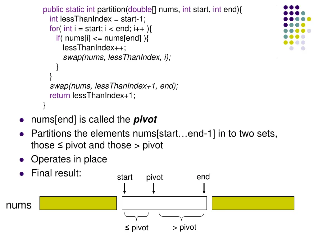 public static int partition double nums int start 1