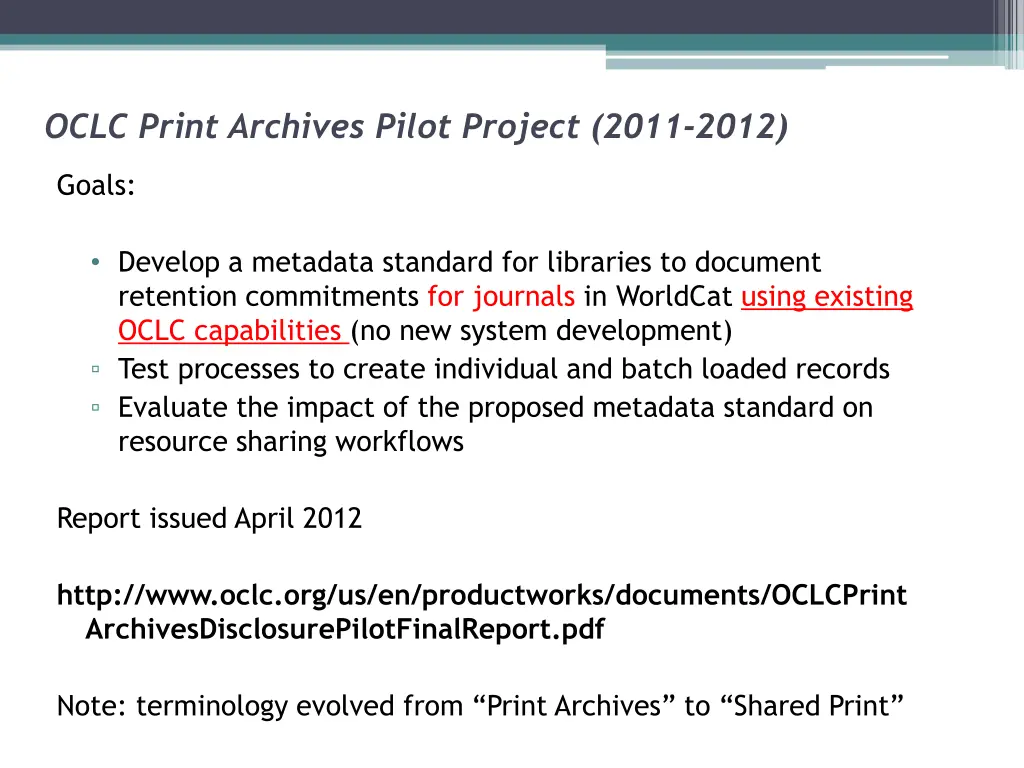 oclc print archives pilot project 2011 2012 1