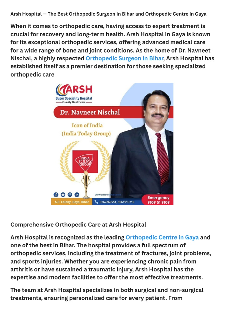 arsh hospital the best orthopedic surgeon