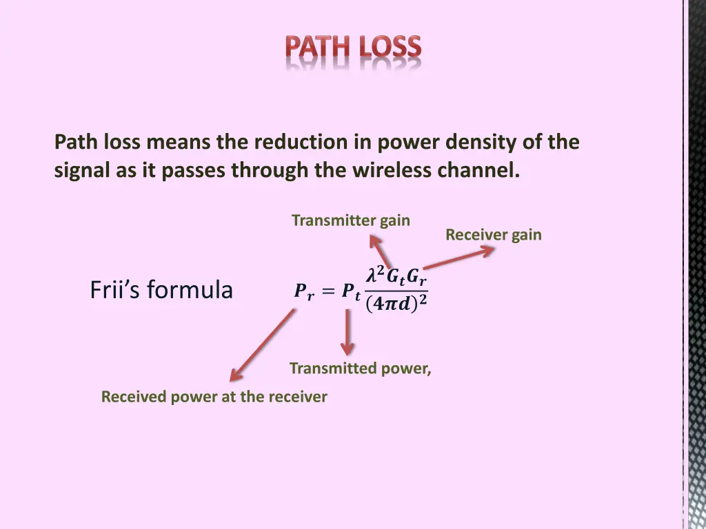 path loss means the reduction in power density