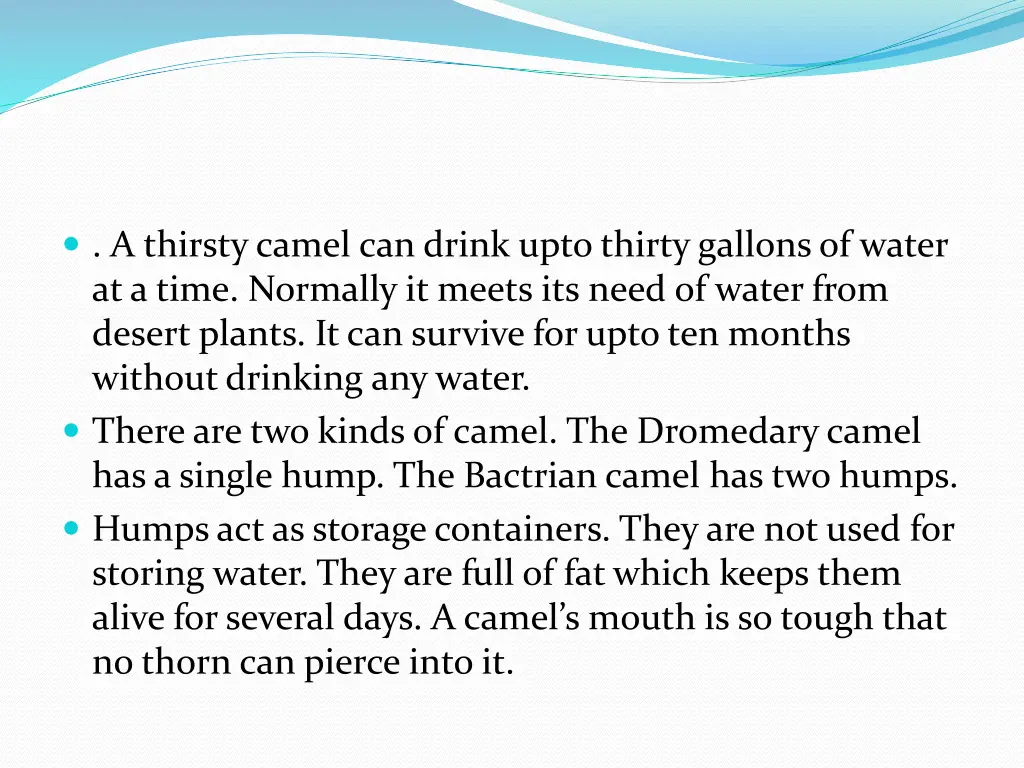 a thirsty camel can drink upto thirty gallons