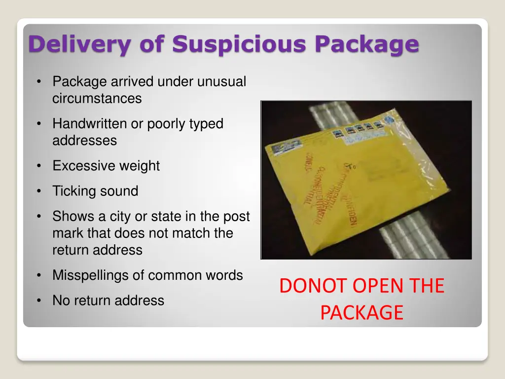 delivery of suspicious package