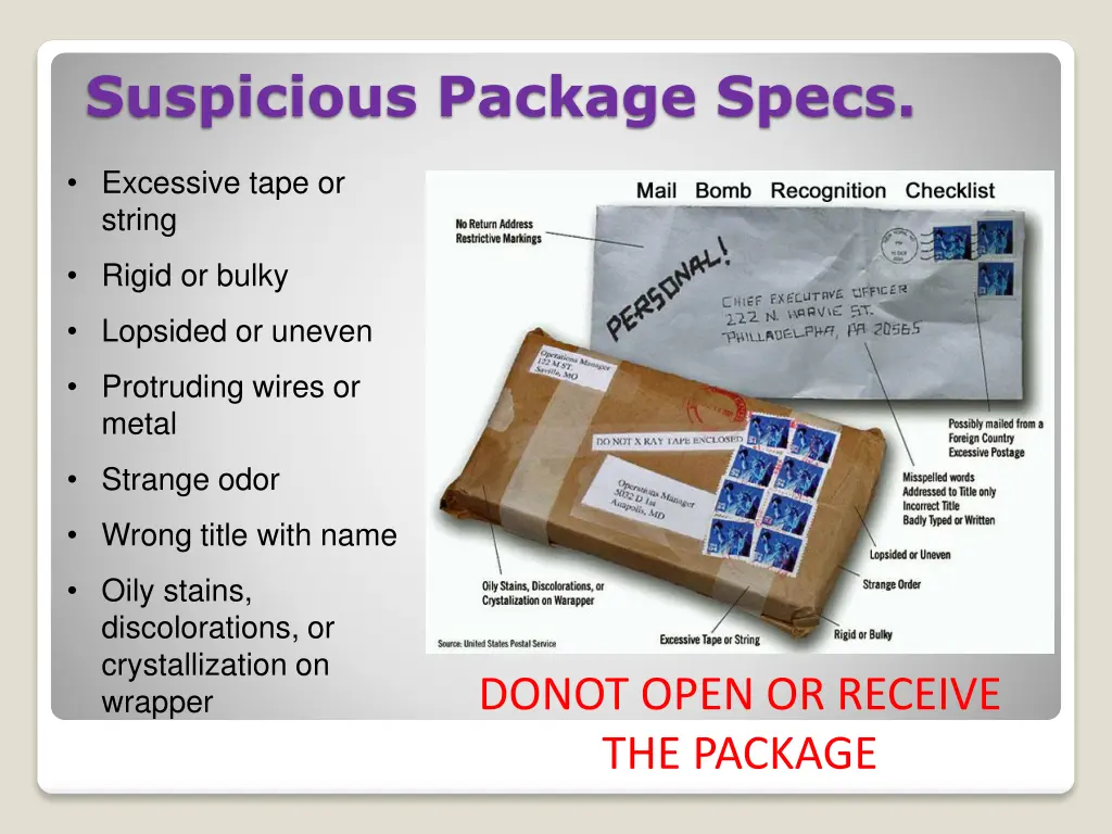 suspicious package specs