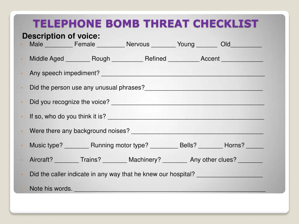 telephone bomb threat checklist description