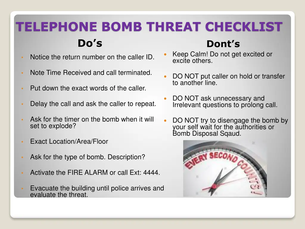 telephone bomb threat checklist do s