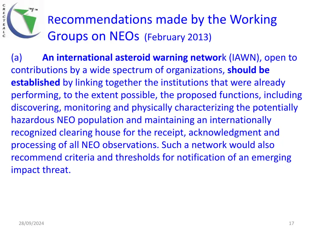 r ecommendations made by the working groups