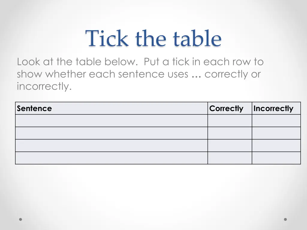 tick the table look at the table below put a tick