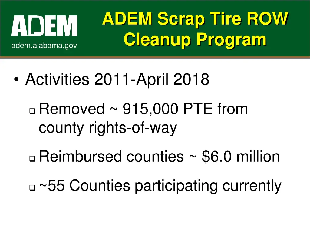 adem scrap tire row cleanup program