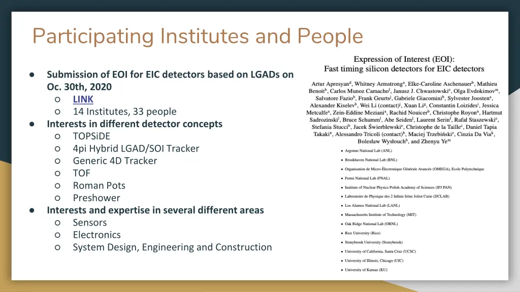 participating institutes and people