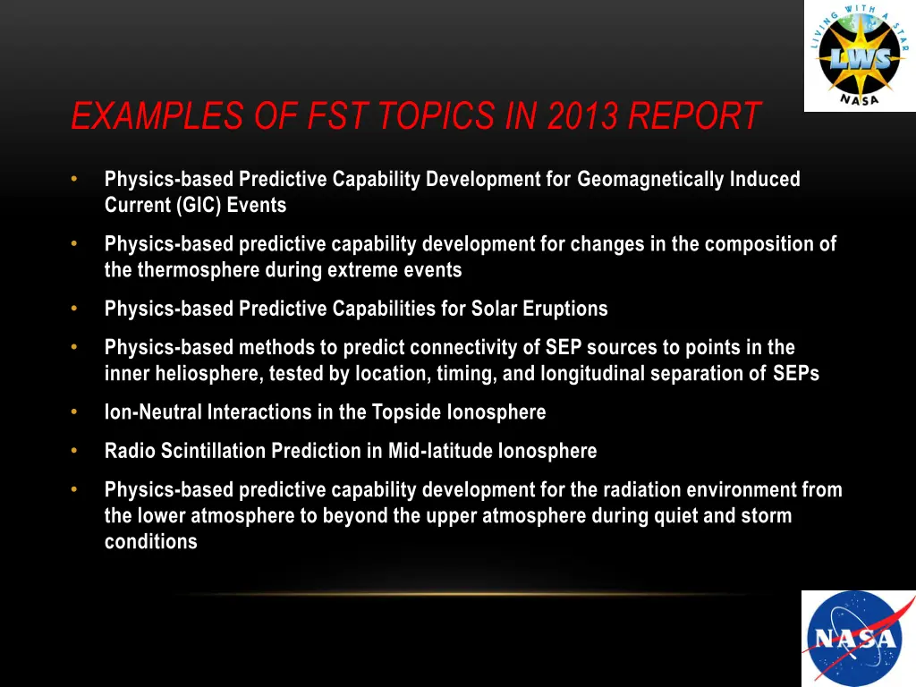 examples of fst topics in 2013 report