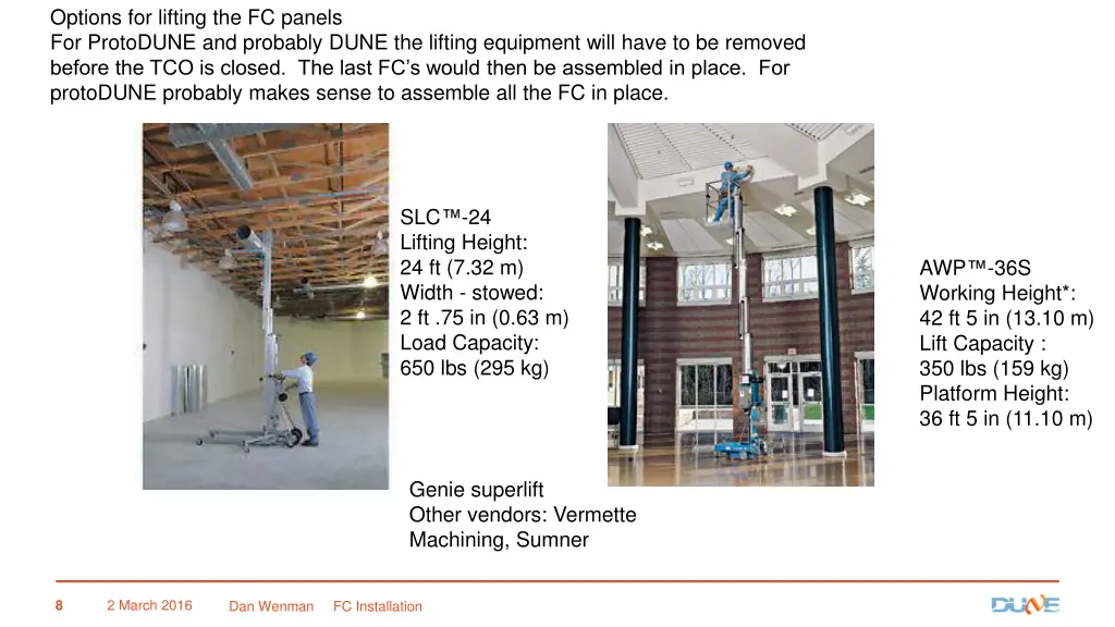 options for lifting the fc panels for protodune