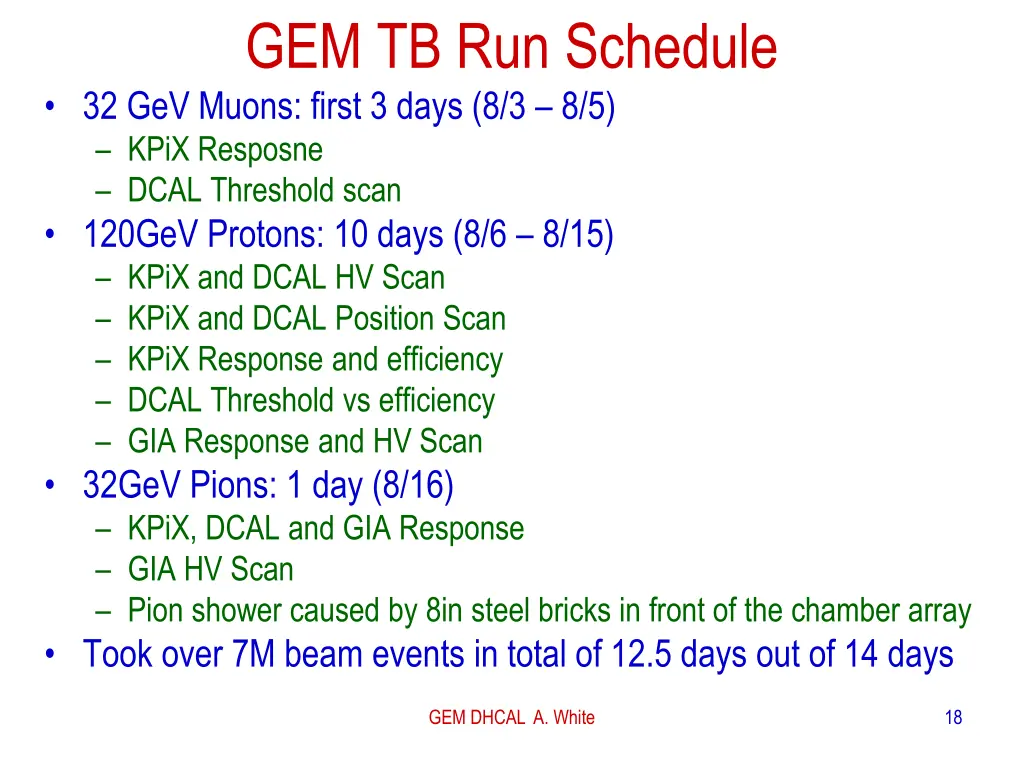 gem tb run schedule 32 gev muons first 3 days