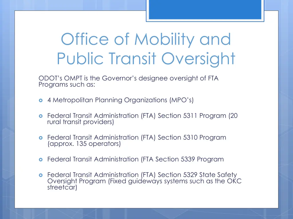 office of mobility and public transit oversight