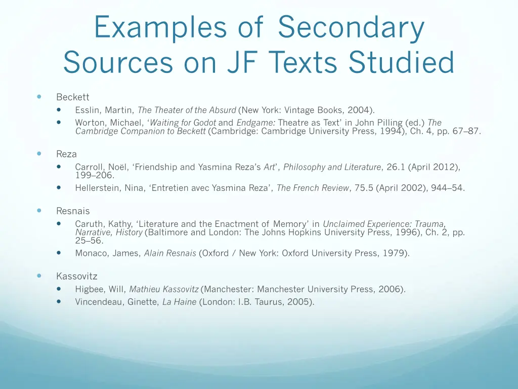 examples of secondary sources on jf texts studied