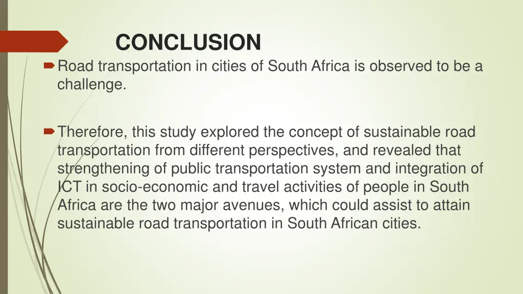 conclusion road transportation in cities of south