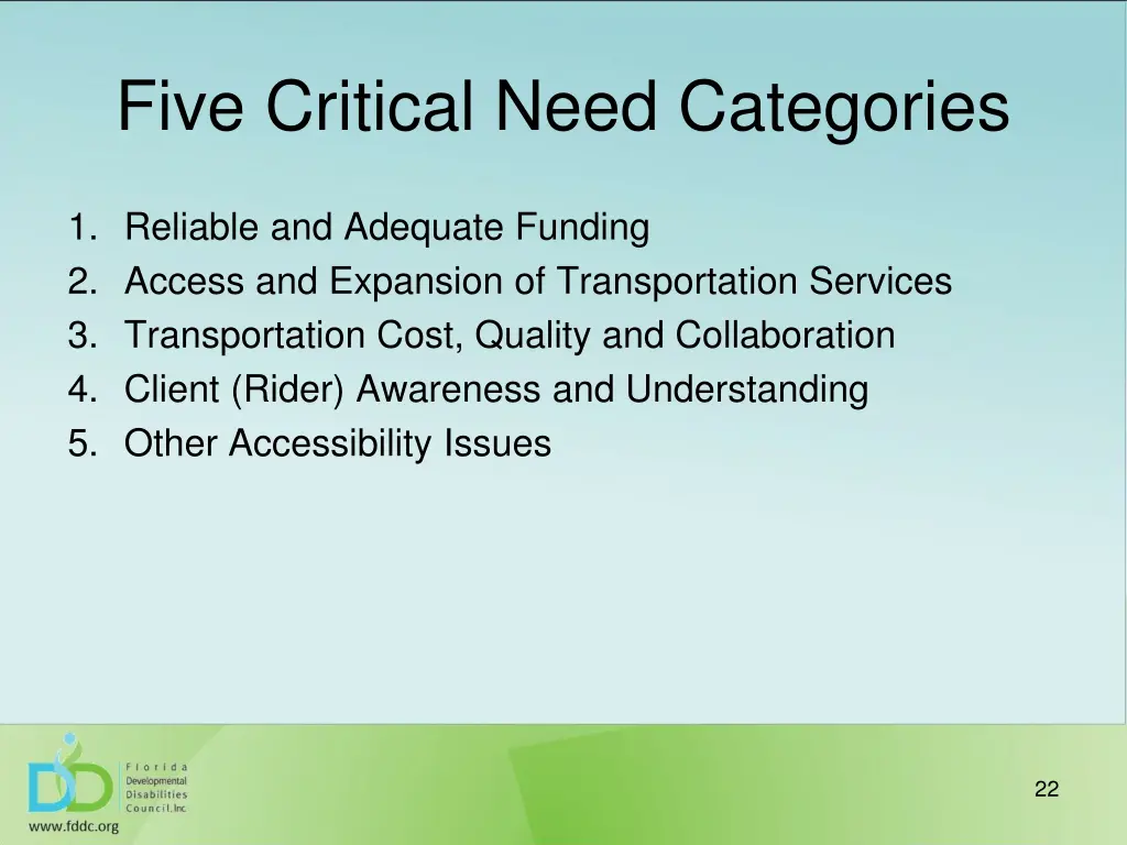 five critical need categories