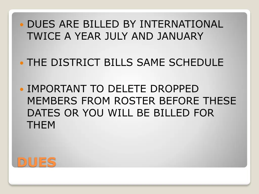 dues are billed by international twice a year