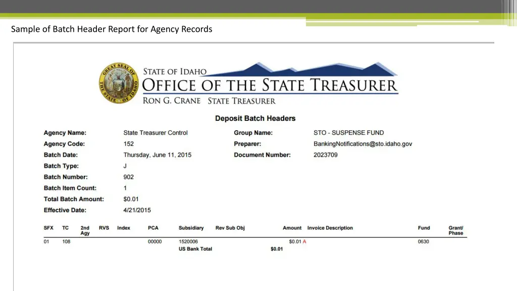 sample of batch header report for agency records