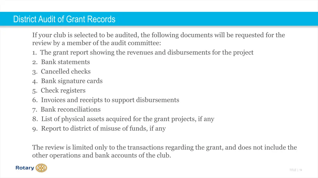 district audit of grant records