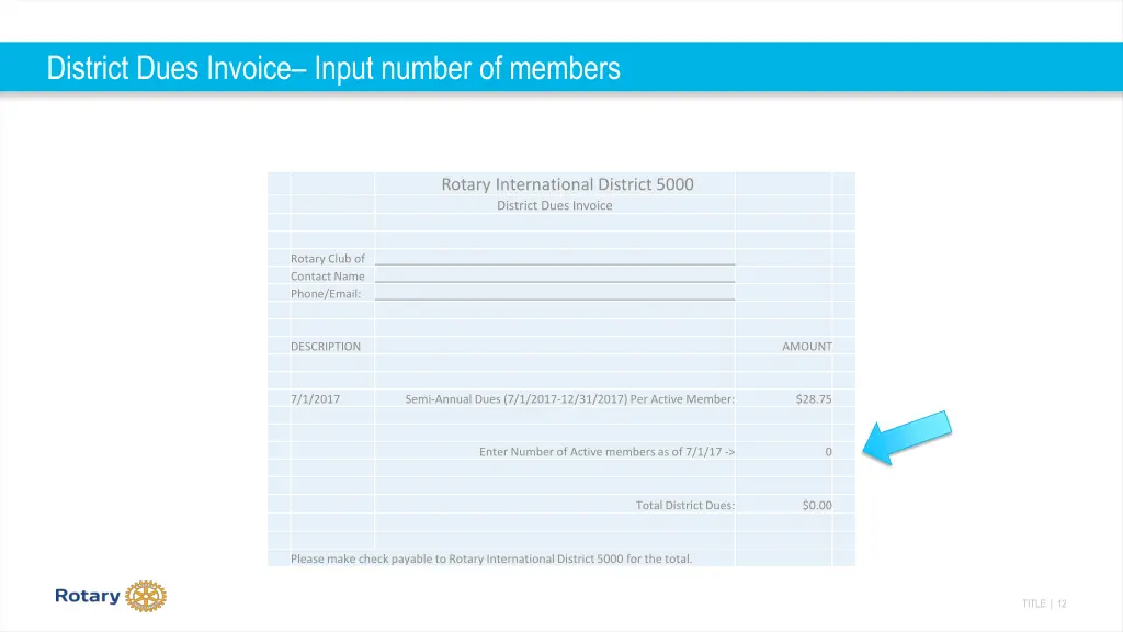 district dues invoice input number of members