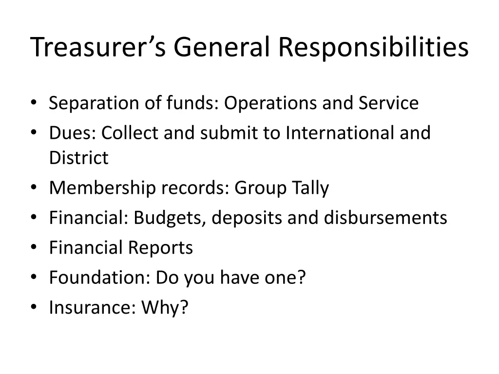 treasurer s general responsibilities