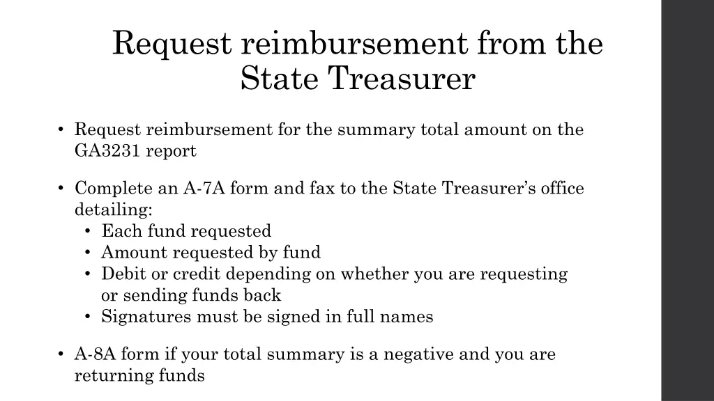 request reimbursement from the state treasurer