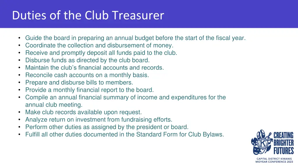 duties of the club treasurer