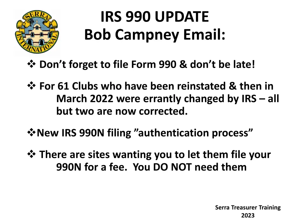 irs 990 update bob campney email