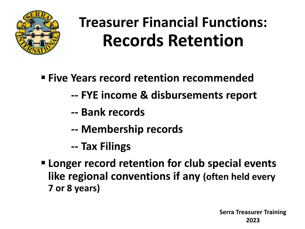 treasurer financial functions records retention