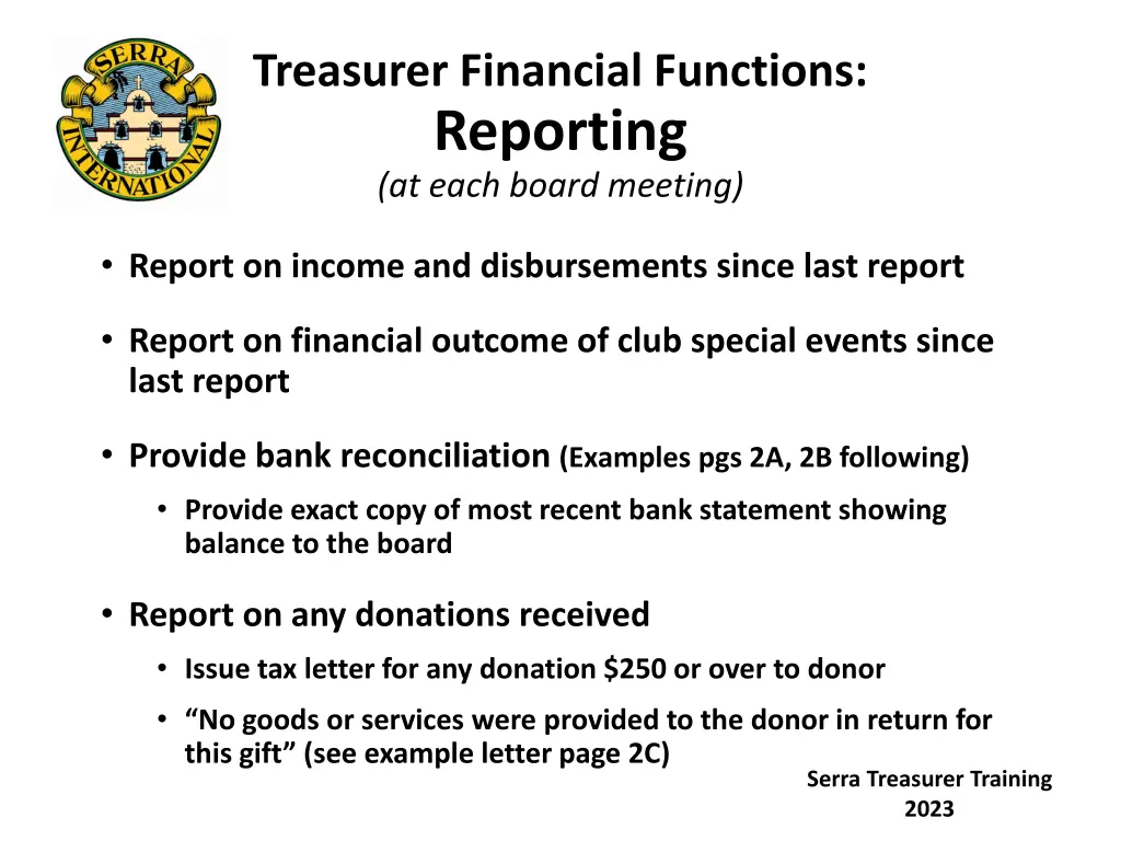 treasurer financial functions reporting at each