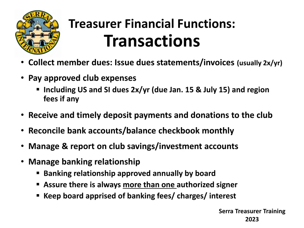 treasurer financial functions transactions