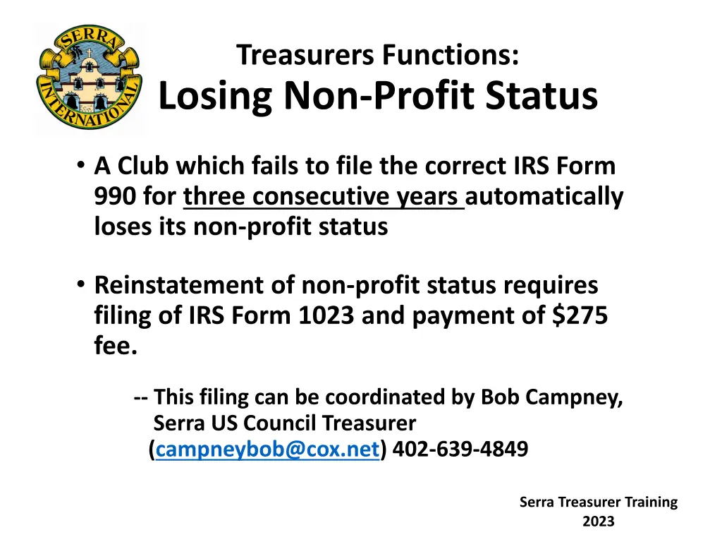 treasurers functions losing non profit status