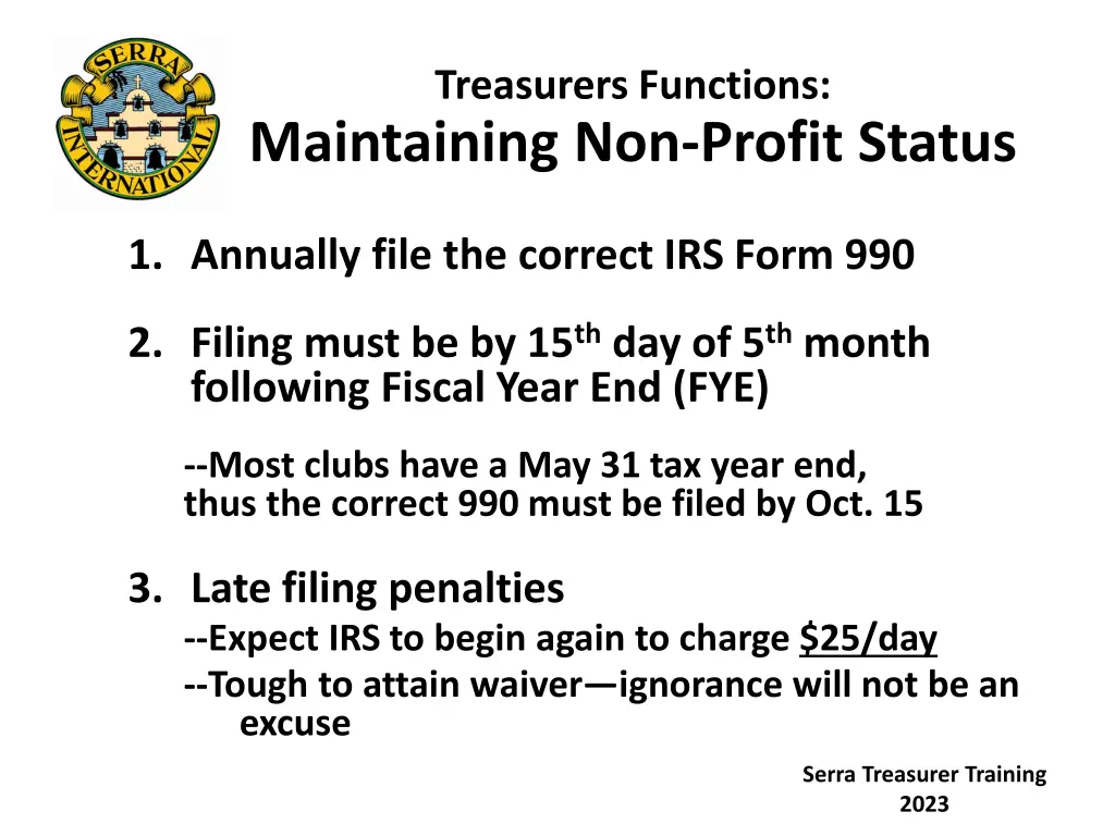 treasurers functions maintaining non profit status