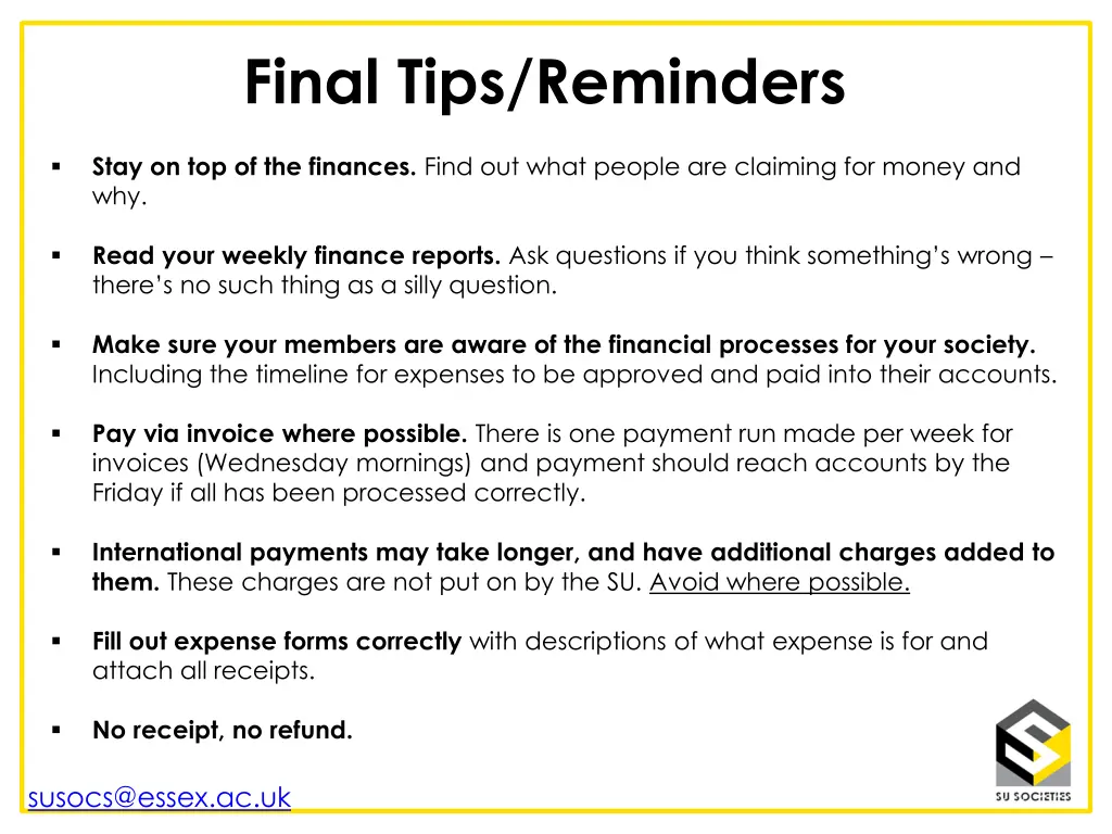 final tips reminders