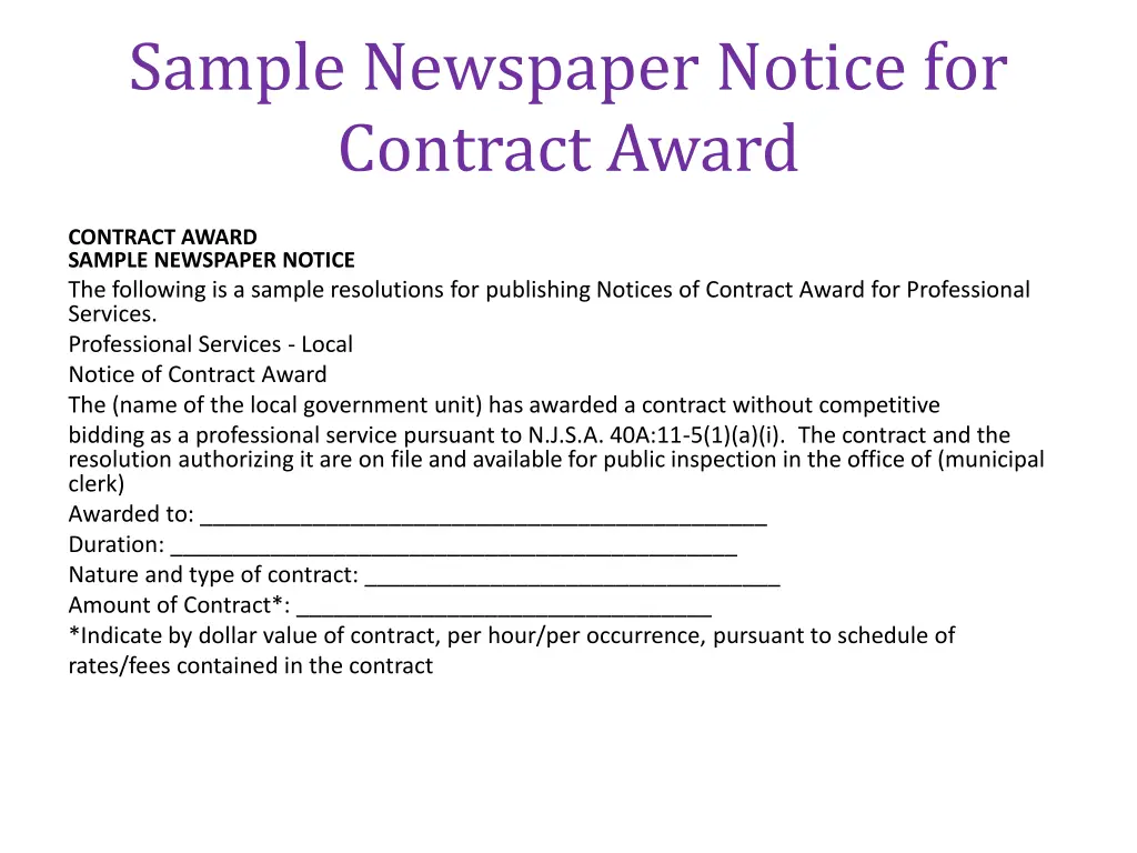 sample newspaper notice for contract award