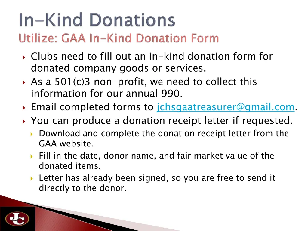 clubs need to fill out an in kind donation form