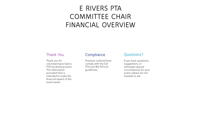 e rivers pta committee chair financial overview