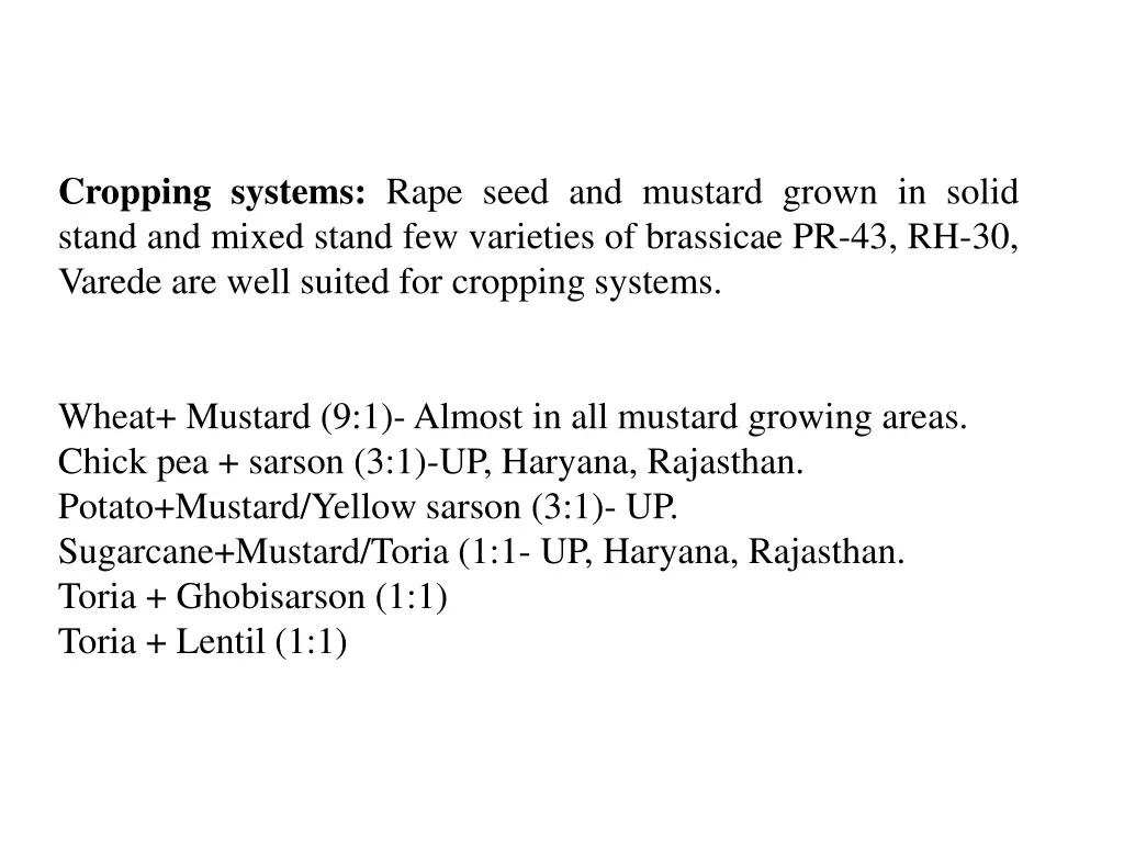 cropping systems rape seed and mustard grown